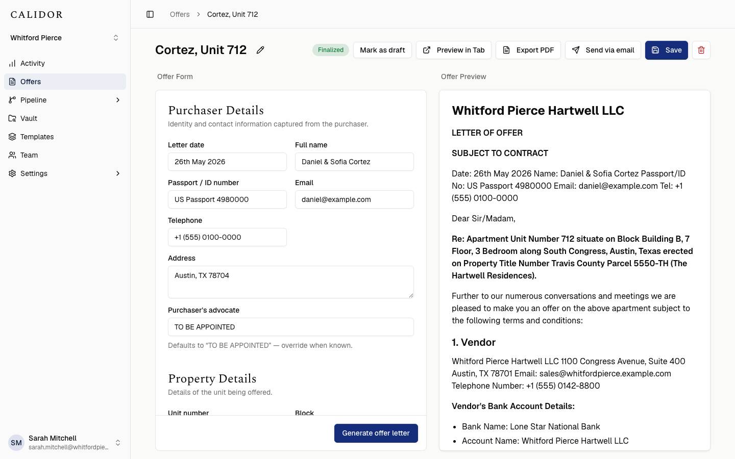 The Calidor offer editor: purchaser and property details on the left and the branded offer letter previewing on the right, inside the full app