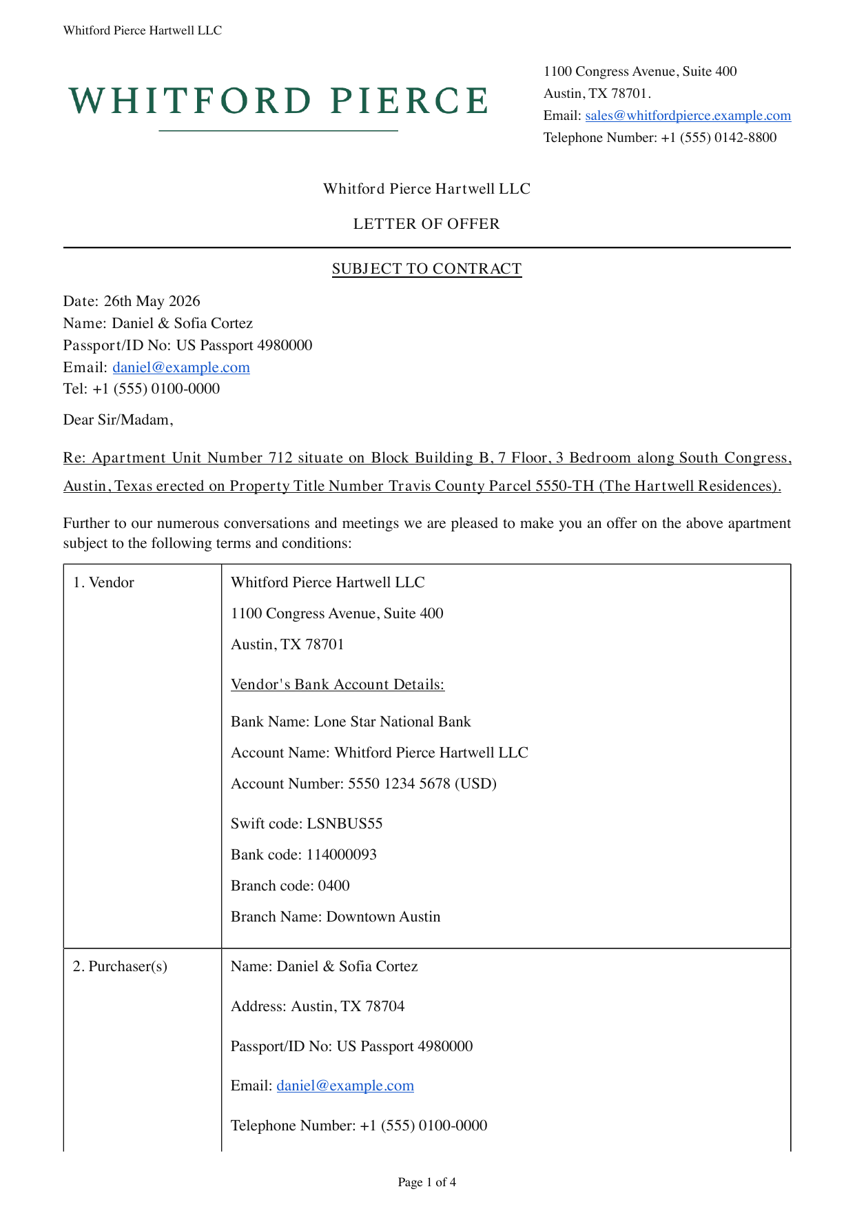 A generated Calidor offer letter rendered in the firm's branding